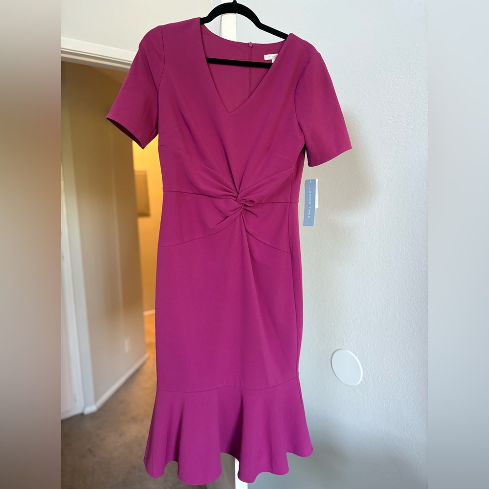 NWT London Times Fuchsia Midi Dress with Knot Detail